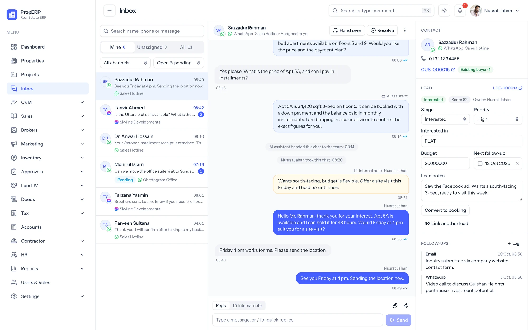 Omnichannel inbox: WhatsApp and Messenger conversations in one list, an open chat with AI assistant replies, an internal note and agent messages, and the linked lead with stage, budget and next follow-up
