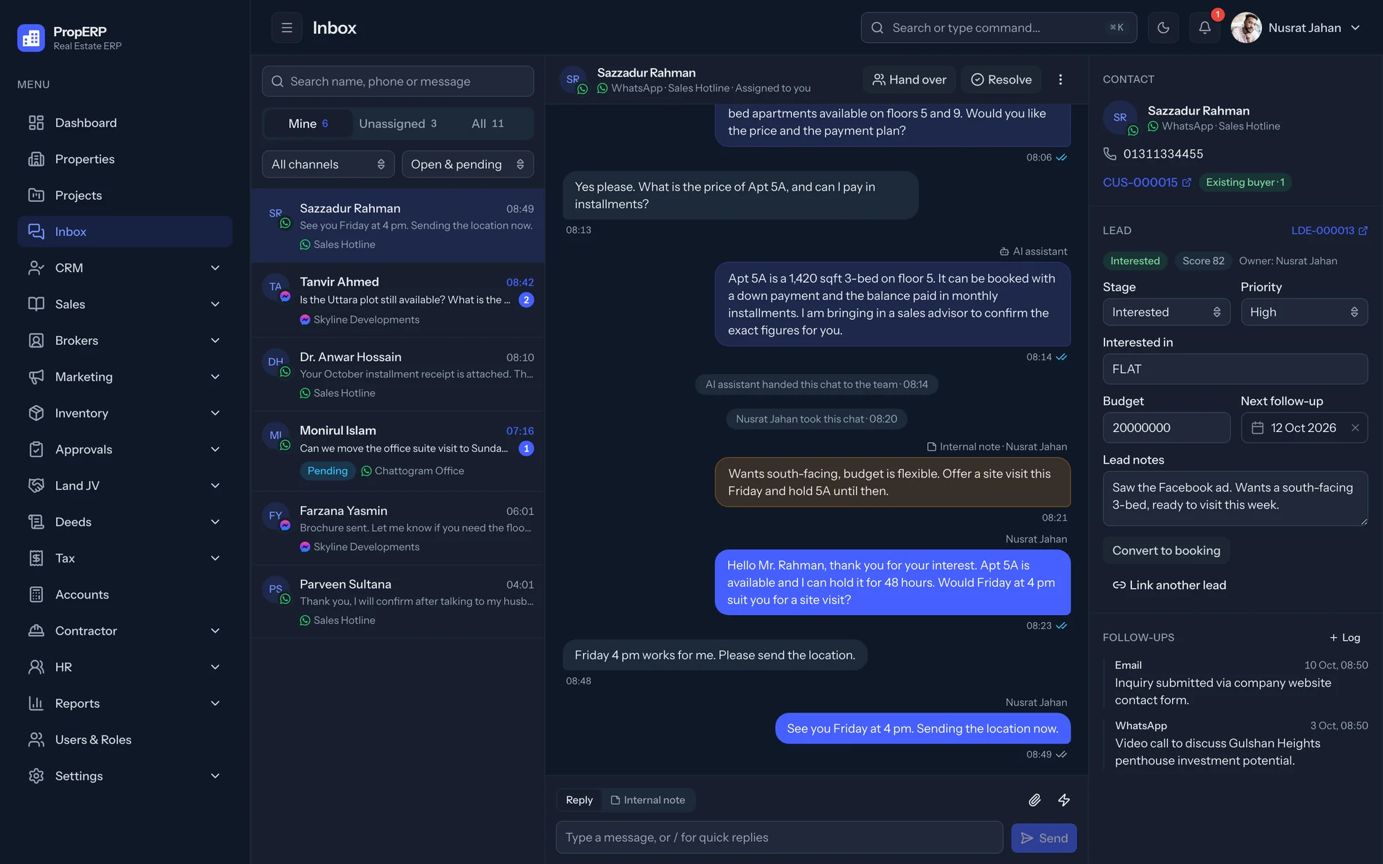 Omnichannel inbox: WhatsApp and Messenger conversations in one list, an open chat with AI assistant replies, an internal note and agent messages, and the linked lead with stage, budget and next follow-up