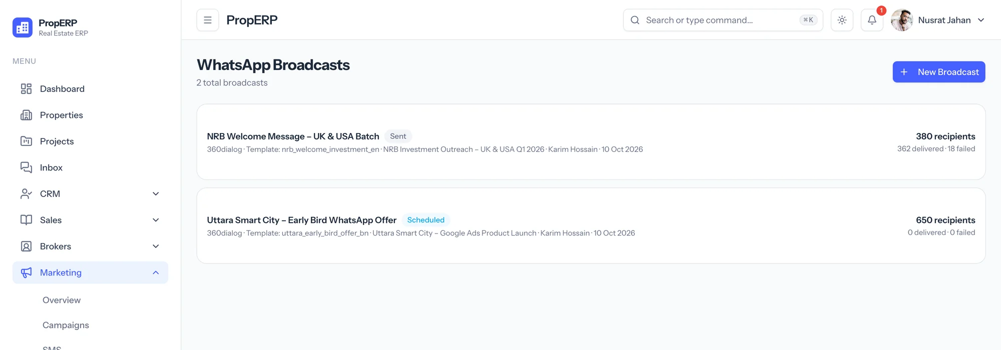 WhatsApp broadcasts: approved template name, linked campaign, sender, recipient count and delivered-versus-failed counts per send
